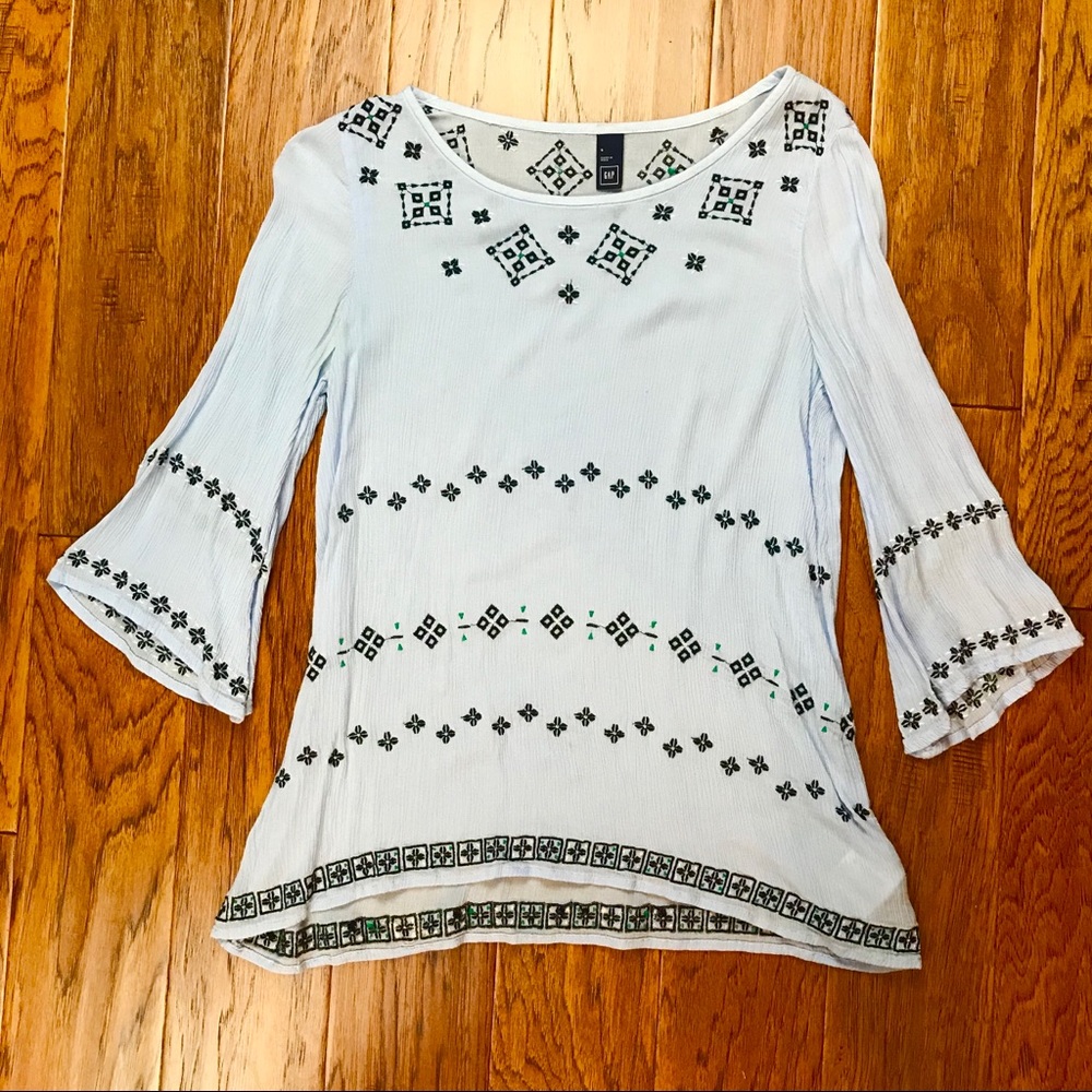 GAP Blue Flowy Peasant Top With Bell Sleeves
